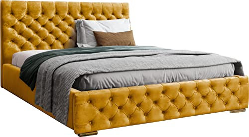 WFL GROUP Samtstoff Polsterbett Doppelbett 140x200 160x200 180x200 cm Senf Bettgestell Mit Bettkasten Lattenrost und Gestepptes Kopfteil - Hydrophobe Stoff - Chesterfield-Stil - Gelb - 180 x 200 cm