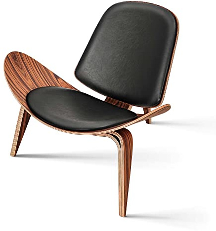 1inchome Mid Century Modern Shell Lounge Chair, PU Leather, Tripod Plywood Classic Design Solid Wood Accent Chairs for Living Room, Reading, Lounge, Office, Salon