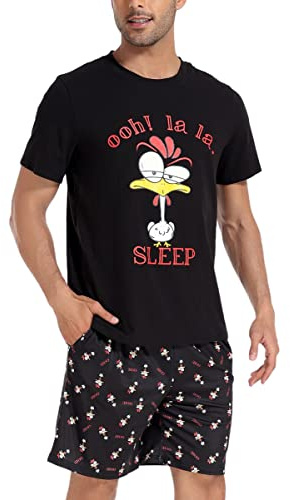 Jezonga Pigiama da Uomo in Cotone Pigiama Estivo Corto Set Manica Corta Modello Carino Stampa Sleepwear Loungewear(Nero,L)
