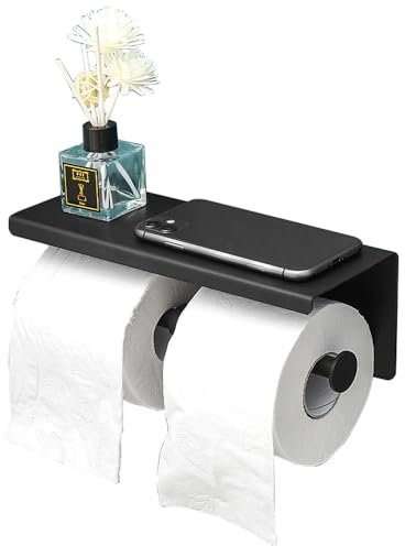 Multifunktionaler Toilettenpapierhalter mit Ablage und Handy-Aufbewahrungsregal, Wandmontage, Doppelrollen-Tücherhalter, Mattes Schwarz