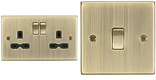 Knightsbridge CS9AB Square Edge Antique Brass 13A 2G Switched Socket with Insert, 230 V & CS2AB Square Edge 1G Light Switch - Antique Brass