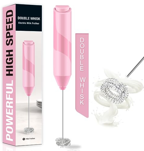 Double Whisk Milk Frother, Handheld Electric Blender stick, Drink Mixer with Food Grade Stainless Steel Stirrer, Battery Operated Foam Maker for Coffee, Cappuccino, Matcha,Hot Chocolate Latte, in Pink