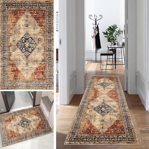 Mogetal Boho Läufer Teppich Flur Lang Vintage Klassisch TeppichLäufer rutschfest Waschbar 70x450cm Dauerhaft Läuferteppich KüchenLäufer Korridor Polyester Anpassbar Meterware