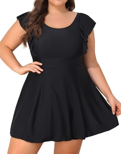 Smismivo Robe de bain une pièce pour femme taille plus avec short intégré et contrôle du ventre, noir, 4X-Large
