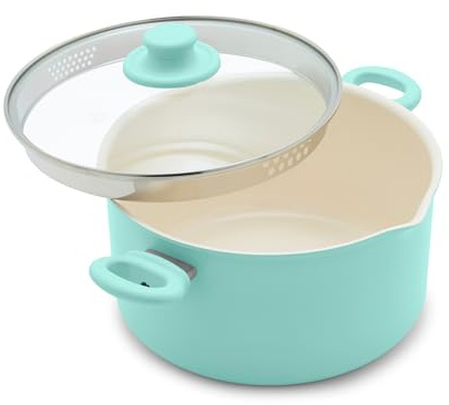GreenLife 6QT Nonstick Stockpot with Straining Lid, Soft Grip, PFAS-Free Ceramic, Pour Spout, Multipurpose Cooking Pot, Sauces & Soups, Milk Pan, Stay-Cool Handles, Dishwasher & Oven Safe, Turquoise