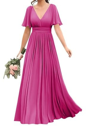 WSEYU Vestido de dama de honor con cuello en V para boda, vestidos largos de gasa para fiesta formal, Fucsia oscuro, 44