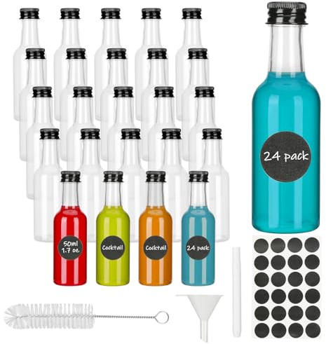 Winbest Mini Liquor Bottles, 24 Pack 50ml Reusable Plastic Bottles with Funnel, Screw Caps, Cleaning Brush & 24 Stickers for Parties