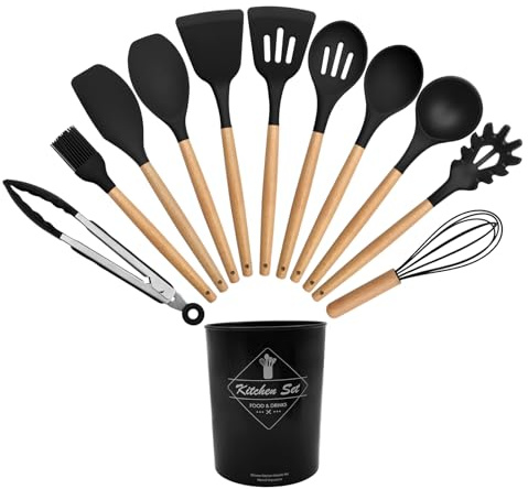 Silicone Kitchen Utensils Set with Wooden Handle, 12-piece Silicone Cooking Utensils Non-Stick Heat Resistant Cookware, BPA-Free, Stirring Kitchen Tools Set, Spoon, Tongs, Whisk, Brush, Spatula-Black