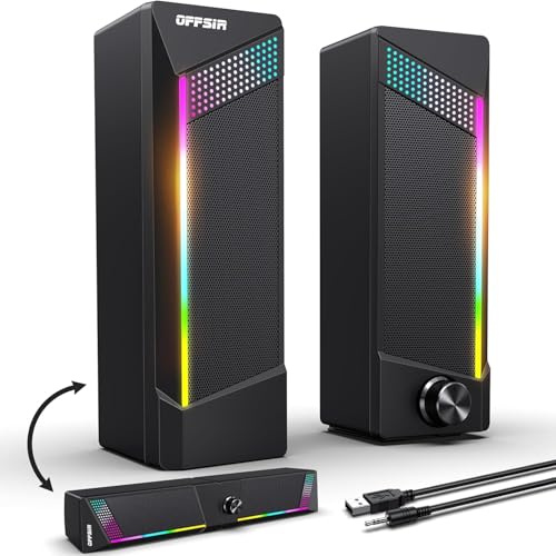 Computer Speakers, 2 in 1 PC Speaker , Gaming Speakers for PC Computer Laptop Desktop Monitor, RGB Speakers with Touch Sensitive Lighting, USB Powered 3.5mm Aux（Package Only Two Speaker, No Soundbar）