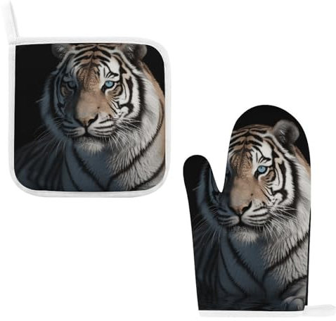 Ofenhandschuhe und Topflappen-Sets mit Tiertiger-Motiv, hitzebeständige Mikrowellen-Handschuhe, Baumwollfutter mit rutschfesten heißen Pads für Küche, Kochen, Backen, Grillen