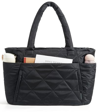 bagsmart Tote Bag for Women, Puffy Tote Bag with Zip, Large Quilted Shoulder Bag with 15.6 Inch Laptop Compartments for Travel, Work, Gym