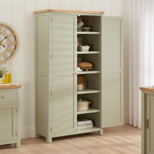 Marbury Sage Green Painted | 2 Door Double Shaker Kitchen Larder Pantry Cupboard | Wide Storage Unit | Adjustable Shelves & Hooks | Fully Assembled | H 1900 x W 1000 x D 450mm