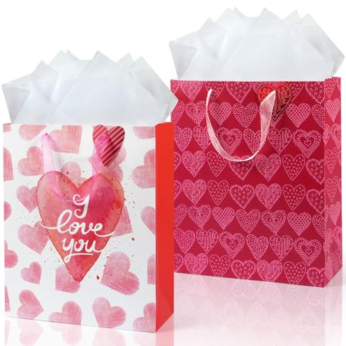 Geschenktüten Geburtstag Groß, 2 Stück Geschenktüten Valentinstag, Rot-rosa Herz-Geschenktasche mit Seidenpapier Griffen, Gastgeschenke Tüten Papiertüten für Valentinstag, Geburtstag, 32 x 26 x 11cm