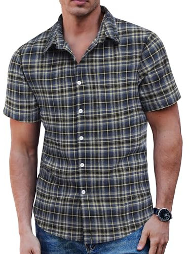 COOFANDY Mens Shirts Short Sleeve Casual Button Down Checked Shirt for Summer Men Dark Blue White XXL