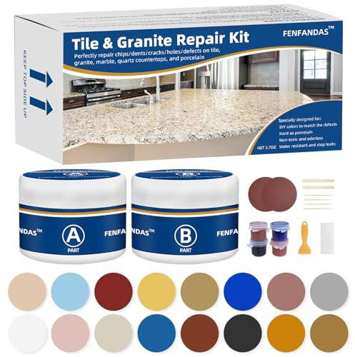FENFANDAS Tile and Granite Repair Kit, Marble Porcelain Stone and Quartz Countertops Repair Kit for Chips Dents Cracks Holes Scratch, Fix Chipped Edges Corners, Reattaches Missing Pieces