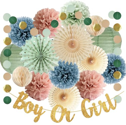 Gender Reveal Party Deko Babyparty Grün Blau Rosa Junge Oder Mädchen Banner Seidenpapier Pom Poms Papier Girlande für Baby Shower Party Dekoration
