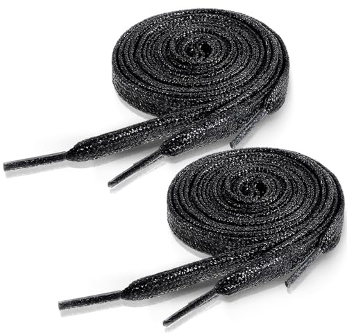 Ouligay 2 paia di lacci glitterati metallici lucidi neri lucidi, 9 mm di larghezza, 120 cm, lunghi, piatti, per sneaker, scarpe da corsa, scarpe da corsa