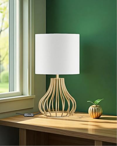 GOEBLESON Lámpara de Mesita de Noche, Luz de Mesa Auxiliar con Marco de Metal y Pantalla de Lino, con 1 Bombilla LED de 4W, para Dormitorio, Salón, Blanco y Dorado DCW10TLD05