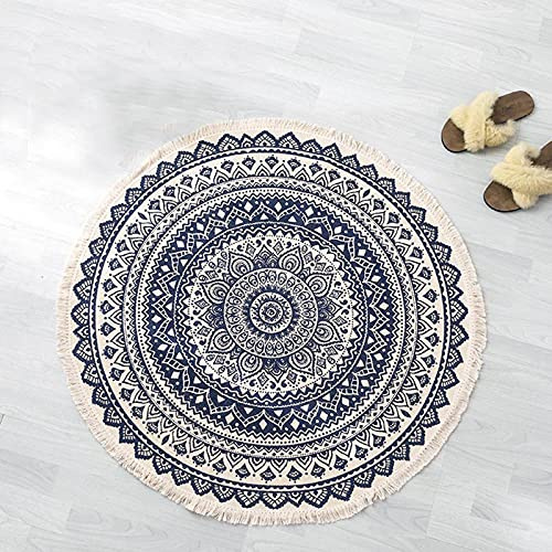 Tappeto rotondo in cotone, lavabile, motivo mandala, tessuto a mano, con nappe, per soggiorno e camera dei bambini, 60 cm, colore: blu
