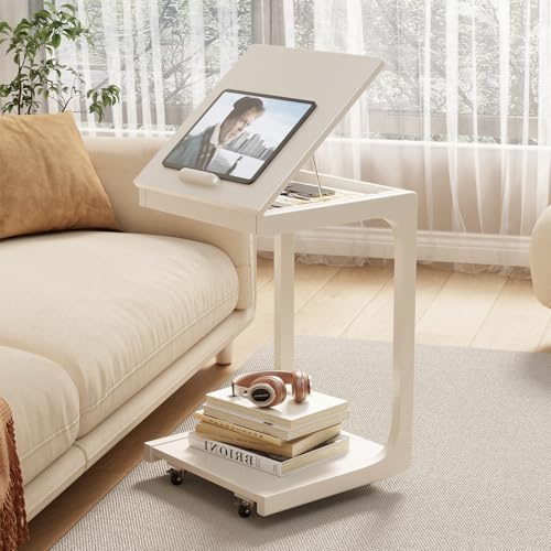 AQIMUELE Beistelltisch Holz, Sofatisch mit Rollen, C-Form, Mobiler Kaffeetisch, 40B x 40T x 63H cm, für Kaffee und Laptop (Weiß)