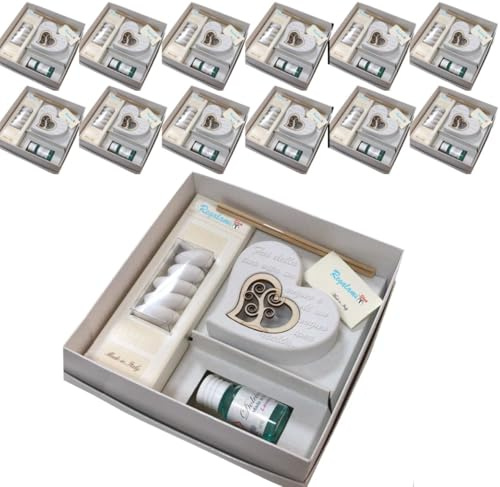 Regalami.shop 12 bomboniere profumatore in marmo di carrara e legno naturale con scatola, nasctro, bigliettino, portaconfetti ed essenza alla lavanda (set 12)