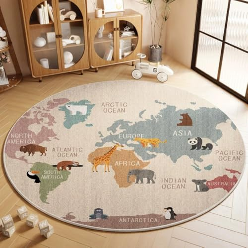 Nyescasa Teppich Kinderzimmer Kinderteppich Rund Spielteppich Tiere Muster Spielmatte Junge Mädchen Modern Waschbar rutschfest Teppich für Schlafzimmer Spielzimme 160cm Rund