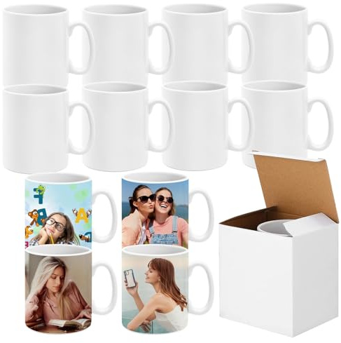 ASMIZ Lot de 12 Tasses à Café Sublimation Blanches, 11oz/320ml Mugs en Céramique pour Impression par Presse à Chaud, Gobelets Sublimables avec Boîtes Cadeaux pour Thé, Lait, Latte, Chocolat Chaud