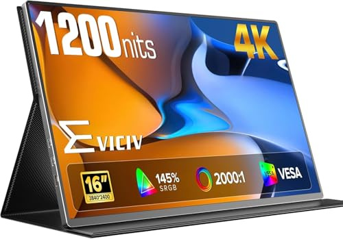 EVICIV Portable Monitor 4K 16 Zoll mit 1200 nits 145% sRGB 2000:1 16:10 UHD Tragbarer Bildschirm mit 3840 * 2400 USB-C HDMI, Augenschutz Außendisplay Outdoor Screen für Laptop/Phone/Spielkonsole