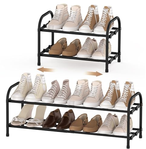 Anhow Ausziehbares Schuhregal, 2 Ebenen Adjustable Schuhregal Metall 43 to 78cm, Standregal Schmal Schuhablage Platzsparend für Kleiderschrank, Eingangsbereich, Schlafzimmer - Schwarz, 2 Etagen