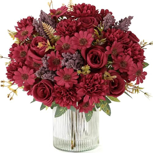 MEIVINES Artificial Flowers Artificial Rose Silk Flowers 4 Bunches Faux Rose Daisy Flower Bouquet for Wedding Party Table Centerpieces Floral Arrangement Home Kitchen Decor (Burgundy, 4PCS)