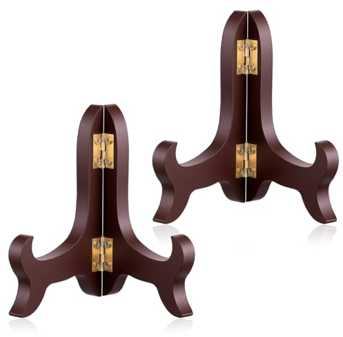 Telooco 2 Pack Plate Stand for Display, 4 Inch Wooden Easel Plate Holder Foldable Picture Frame Stand Small Decorative Stands for Display Picture Frame Book Dish Artwork Easel, Brown
