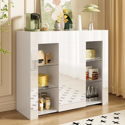 BXEYXE Moderno buffet blanco con frente brillante – Solución de almacenamiento compacta y elegante con estantes de cristal y puerta de armario para salón, comedor o cocina – 95 x 35 x 83 cm