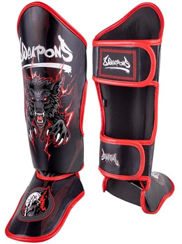 8 WEAPONS Schienbeinschoner Kinder, Beastial Wolf, Schwarz-rot, Größe S/M, Kinder Schienbeinschoner Kampfsport, Kunstleder, Optimaler Schutz für Muay Thai, K1, Boxen, MMA und Kickboxen