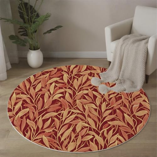 Tappeto Soggiorno Rotondo, 150 Cm, Per Camera Da Letto Tappeto Pelo Corto, Motivo A Foglia Salice Lavabile Tappeti Rotondo Marrone Rossastro, Per Soggiorno, Sala Da Pranzo Piante Dipinte A Mano