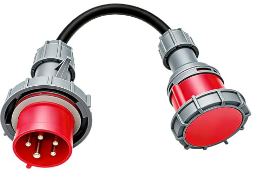 CEE Adapter 32A auf 16A, CEE Adapter 32A Stecker auf 16A Starkstrom Adapter mit Schutzabdeckung, 3 Phasen, 5 Polig, IP67 Schutz, 5x2,5mm² Gummischlauchleitung, für Industrielle und Private Nutzung