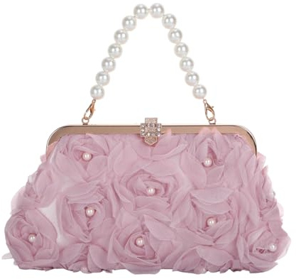 Jywmsc Floral Clutch Purse for Women Formal Pink Rose Evening Bag Wedding Prom Guest Bridal Handbag with Pearl Chain