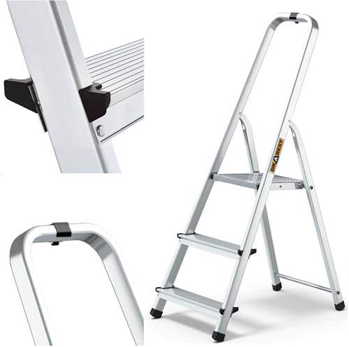 Drabest Scala Domestica in Alluminio a 3 Gradini Portata 125kg - Scaletta con Guida di Sicurezza e Piattaforma per Scale da Lavoro - Scale Multiuso - Scaletta a 3 Gradini - 40x121x12cm