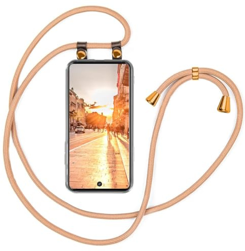 moex Handykette für Samsung Galaxy A51 Hülle mit Band abnehmbar, Handyhülle mit Kette zum Umhängen, Handyband 155 cm lang Stoff Kordel Umhängehülle, Handy Umhängeband, Gold