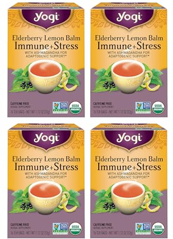 Yogi Tea Elderberry Lemon Stress & Immune Support Tea - 16 Tea Bags, 4 Packs - With Ashwagandha, Lemongrass, Licorice Root & More