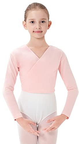 PLIKSUVER Girls Dance Wrap Top Ballet Cardigan Cotton Crossover Long Sleeve for Kids Womens Pink