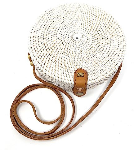 Trintura Rattan Tasche rund mit langem Leder Riemen geflochten Damen Korbtasche Umhängetasche Strohtasche Crossbody bag 20cm (weiß)