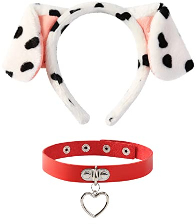 Dalmatiner Hundeohren Stirnband mit rotem Herz Choker Lederhalsband Erwachsene Halloween Kostüm Zubehör Partyzubehör | Plüsch-Welpenohren, Kunstlederhalsband, Metallanhänger, schwarz-weiße Punkte