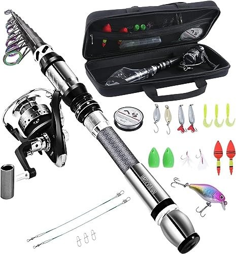 BNTTEAM Tragbares Angel-Spinnruten- und Rollen-Kombi-Set Kohlefaser-Fluoreszenz-Rutenspitze, mit Angelköderschnur-Tragetaschen-Kits für Reisen, Salzwasser, Süßwasser (2.4M/94.5in/7.84ft)