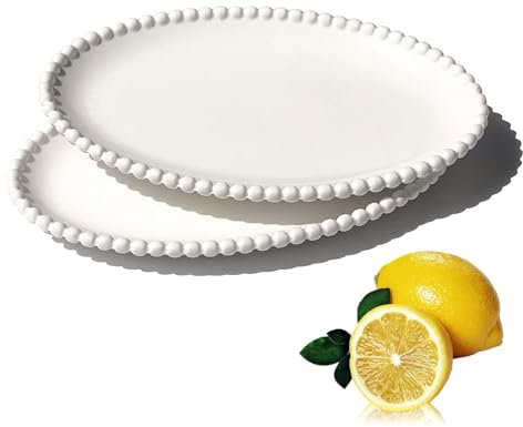 PIDUDU 2 piatti da dessert ovali bianchi, eleganti con bordo perlato, piatti da tavola per feste, cena, insalata, frutta, snack, ideali per compleanni, feste, campeggio, catering