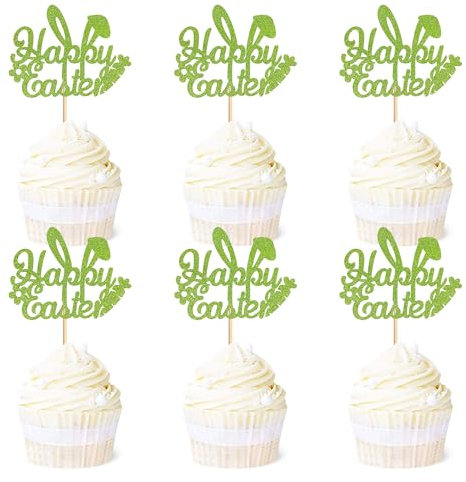Blumomon 24Pcs Happy Easter Cupcake Toppers Green Glitter Bunny Ear Cupcake Picks Happy Easter Theme Party Cake Decorations Supplies
