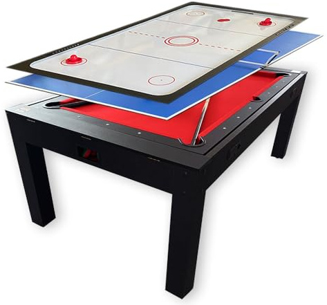 Table de Billard Convertible 4 en 1 Table Multi-Jeux Noire avec Tapis Rouge - 7 Pieds Strike