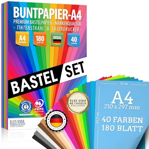 Papel de colores A4 - MEGA set de manualidades – 180 hojas, 40 colores & manualidades premium 80g/m² MAGIA DE COLORES, accesorios DIY de colores & sets