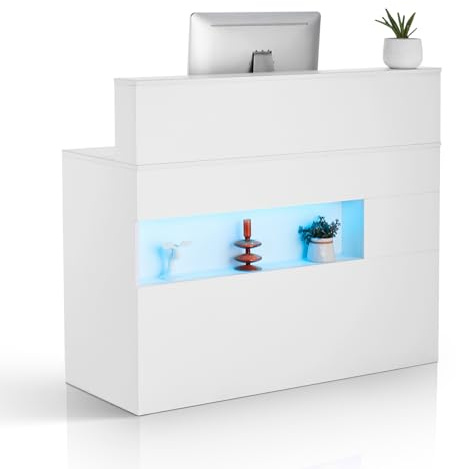 VEVOR Mostrador de Recepción 120 x 47,5 x 100 cm Mesa de Mostrador Rectangular Material de MDF con Luz LED 2 Cajones y Tomas de Corriente para Caja, Vestíbulo, Salón de Belleza, Oficina, Blanco