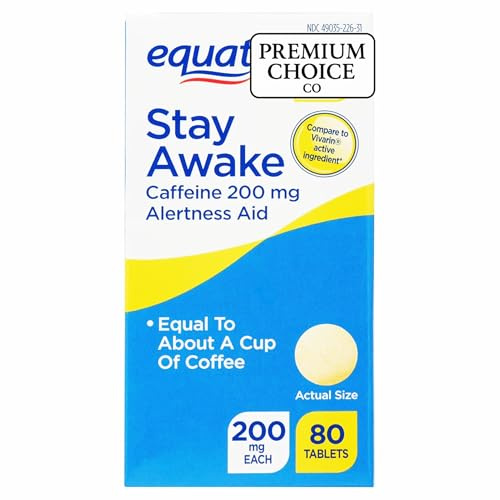 Premium Choice Co Equate 200mg Caffeine Tablets 80 Count - Alertness Aid - Includes Sticker