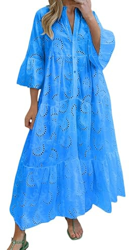 Generico Prendisole Donna Estivo - Abito Lungo Donna Scollo V, Maniche a Palloncino, Ricamo Traforato Tinta Unita, vestibilità Ampia Casual Estivo con Orlo Volant per Vacanza